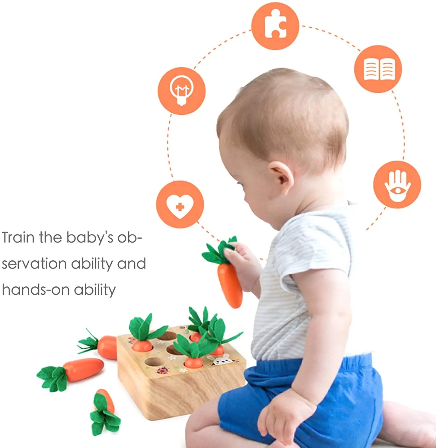 Montessori Toys for 1 Year Baby Pull Carrot Set Game Kids Wooden Toy Shape Sorting Matching Puzzle Educational Toys for Children