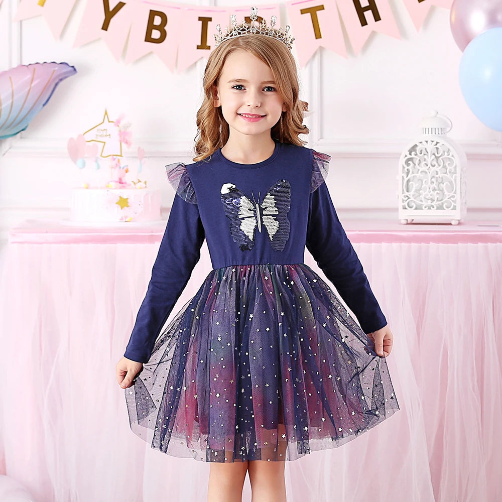 VIKITA Girls Unicorn Dress Girl Autumn Long Sleeve Dark Gauze Skirt Dresses Kids School Princess Children Clothes 3-8 Years