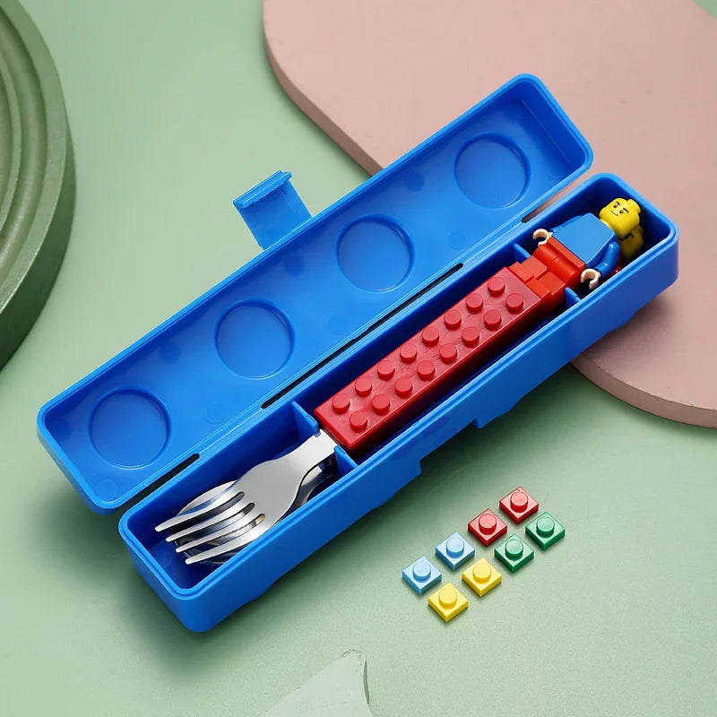 Building Block Child's Fork and Spoon Set w/ matching carry case