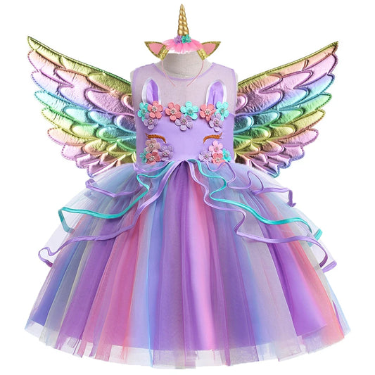 Kids Unicorn Dress for Girls Flower Appliques Dresses Childrens Toddlers Princess Dresses Elegant Birthday Party Costumes