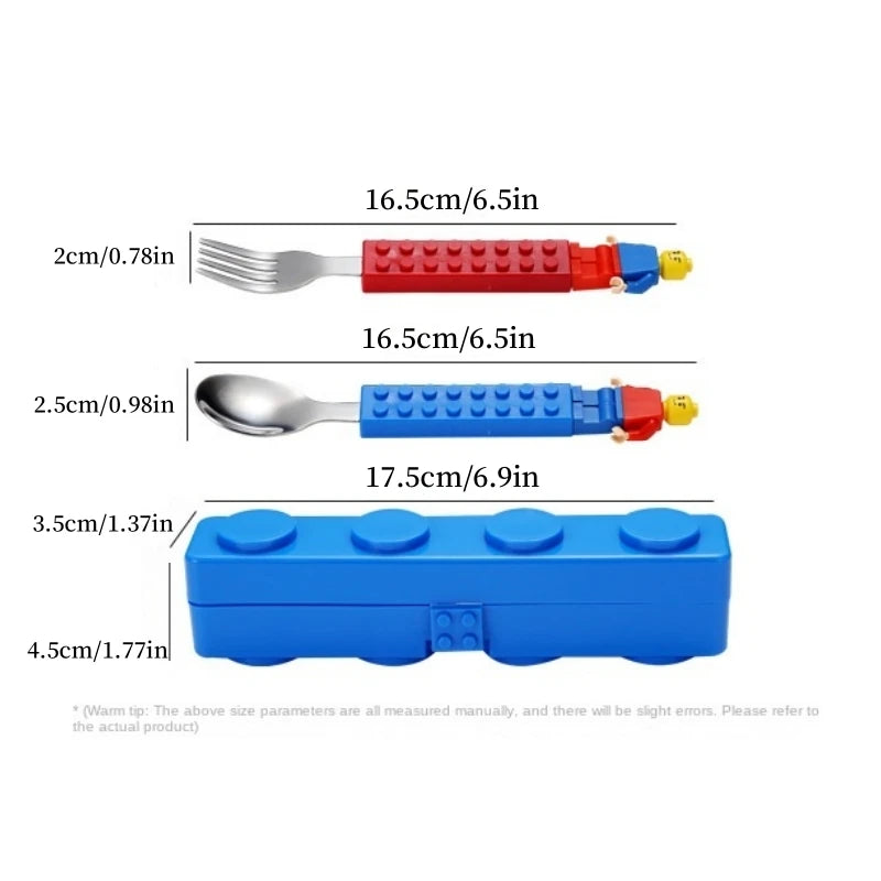 Building Block Child's Fork and Spoon Set w/ matching carry case