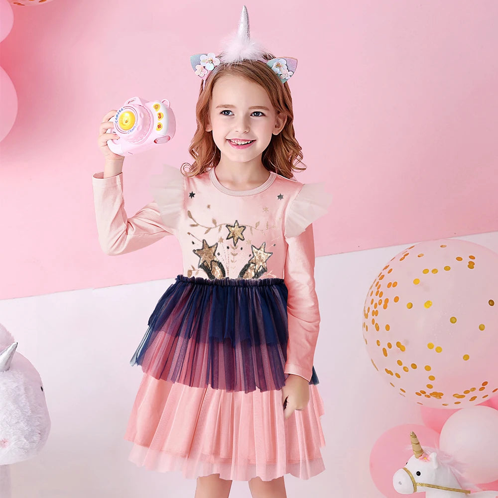 VIKITA Girls Unicorn Dress Girl Autumn Long Sleeve Dark Gauze Skirt Dresses Kids School Princess Children Clothes 3-8 Years