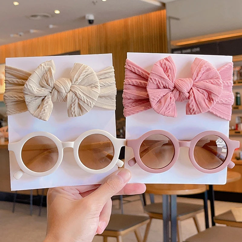 2 Pcs/Set New Children Solid Color Cotton Bowknot Wide Hairband Round Sunglasses Set Baby Girls Sunglasses Kids Hair Accessories