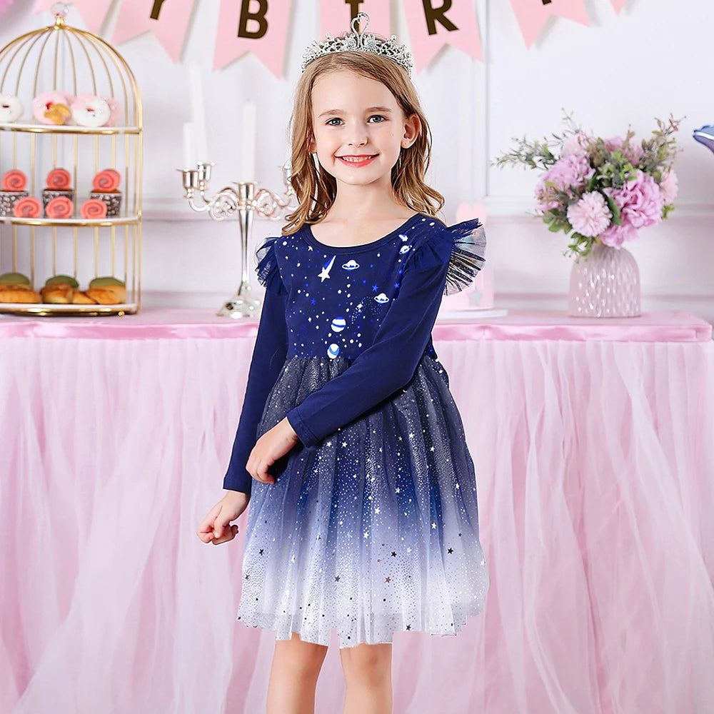 VIKITA Girls Unicorn Dress Girl Autumn Long Sleeve Dark Gauze Skirt Dresses Kids School Princess Children Clothes 3-8 Years