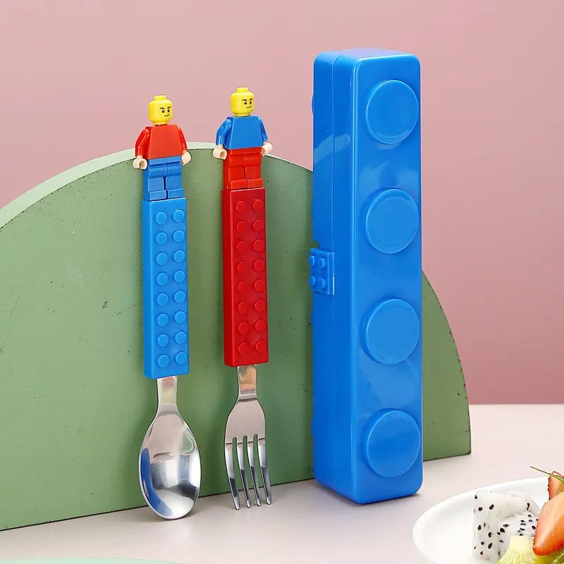 Building Block Child's Fork and Spoon Set w/ matching carry case