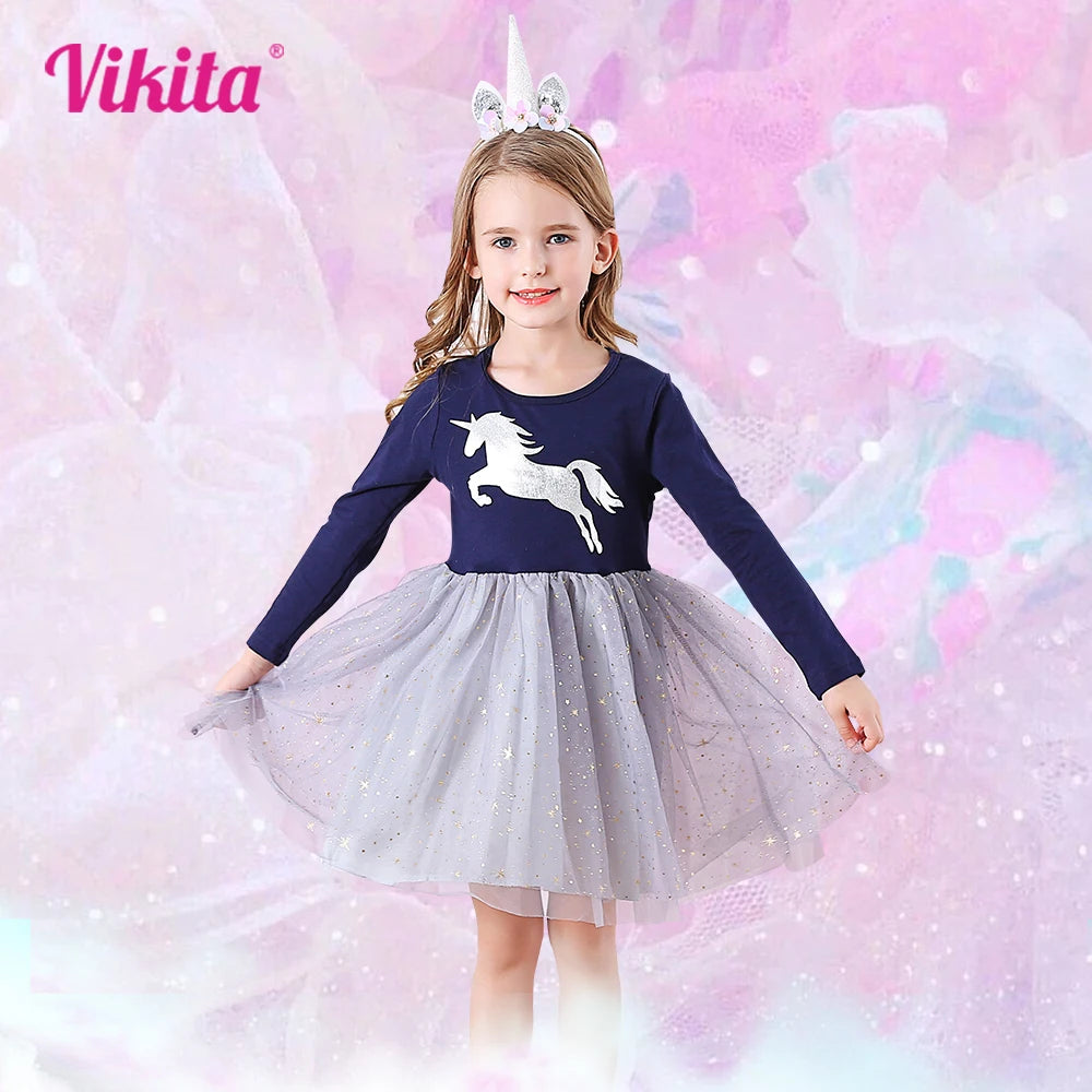 VIKITA Girls Unicorn Dress Girl Autumn Long Sleeve Dark Gauze Skirt Dresses Kids School Princess Children Clothes 3-8 Years