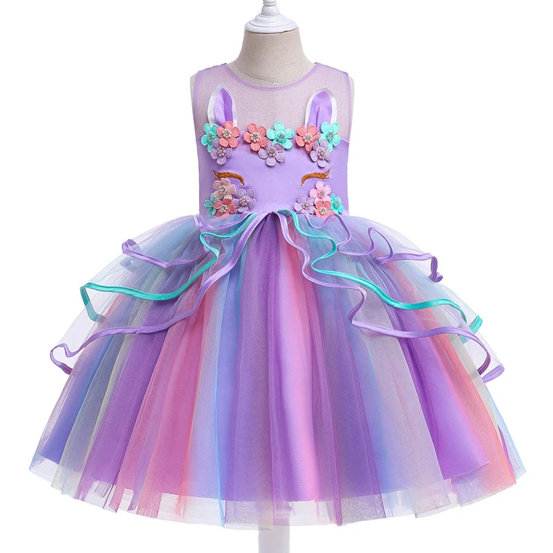 Kids Unicorn Dress for Girls Flower Appliques Dresses Childrens Toddlers Princess Dresses Elegant Birthday Party Costumes