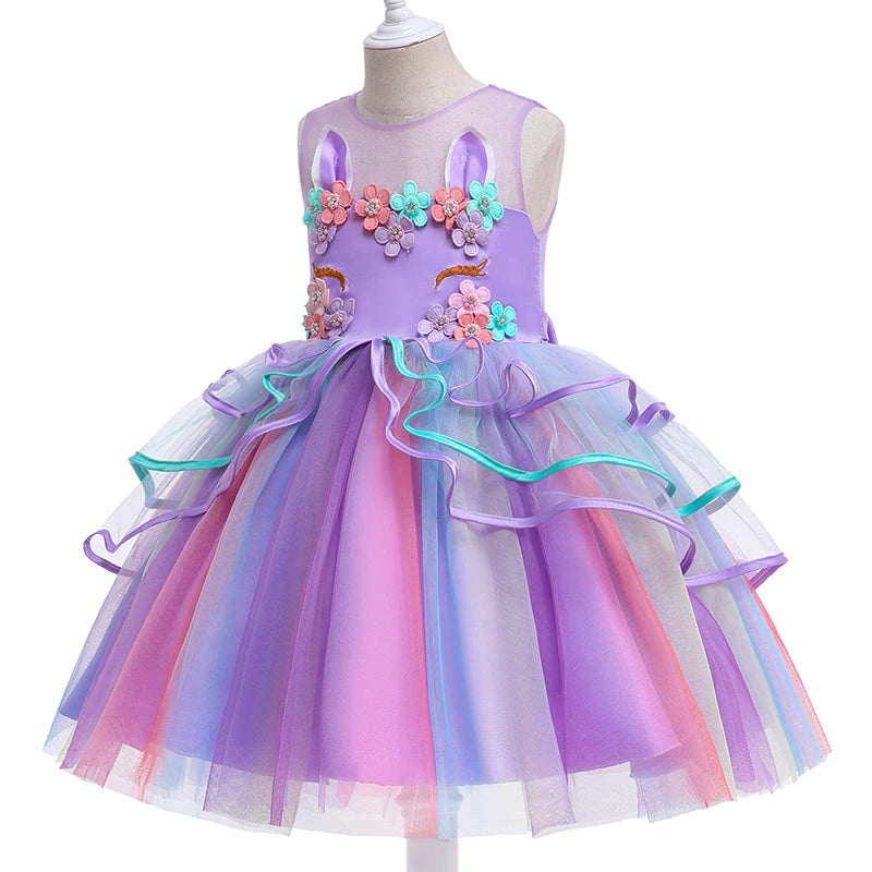 Kids Unicorn Dress for Girls Flower Appliques Dresses Childrens Toddlers Princess Dresses Elegant Birthday Party Costumes