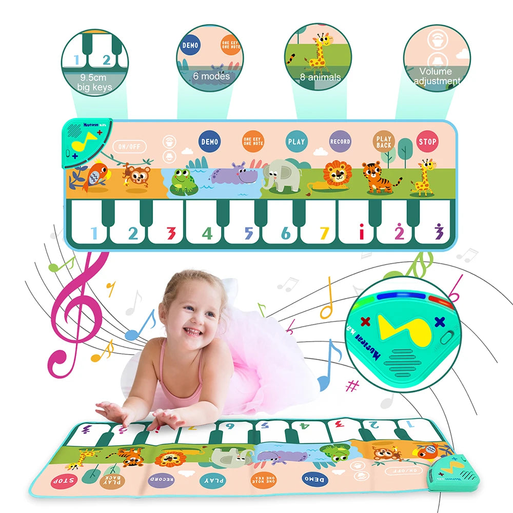 Coolplay 110x36cm Musical Piano Mat for Kids Toddlers Floor Keyboard Dance Mat with 8 Animal Sounds Baby Mat Educational Toys