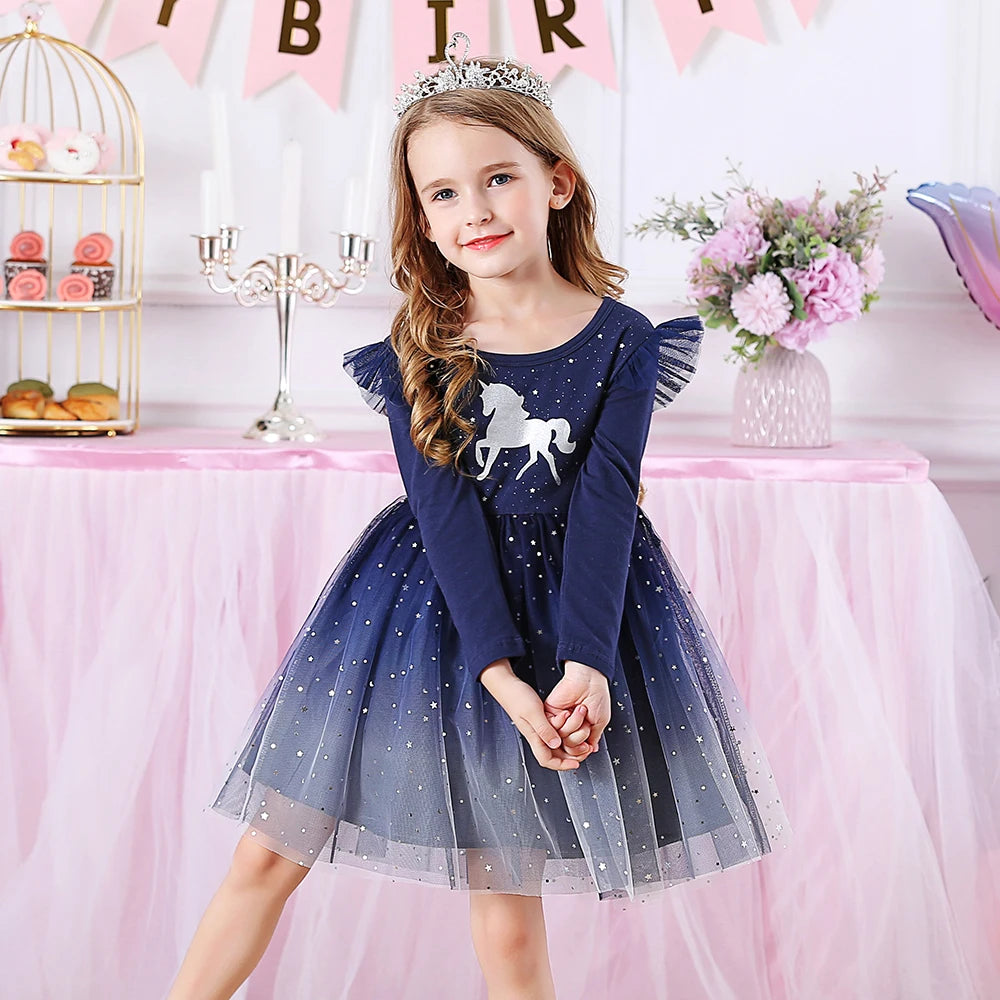 VIKITA Girls Unicorn Dress Girl Autumn Long Sleeve Dark Gauze Skirt Dresses Kids School Princess Children Clothes 3-8 Years